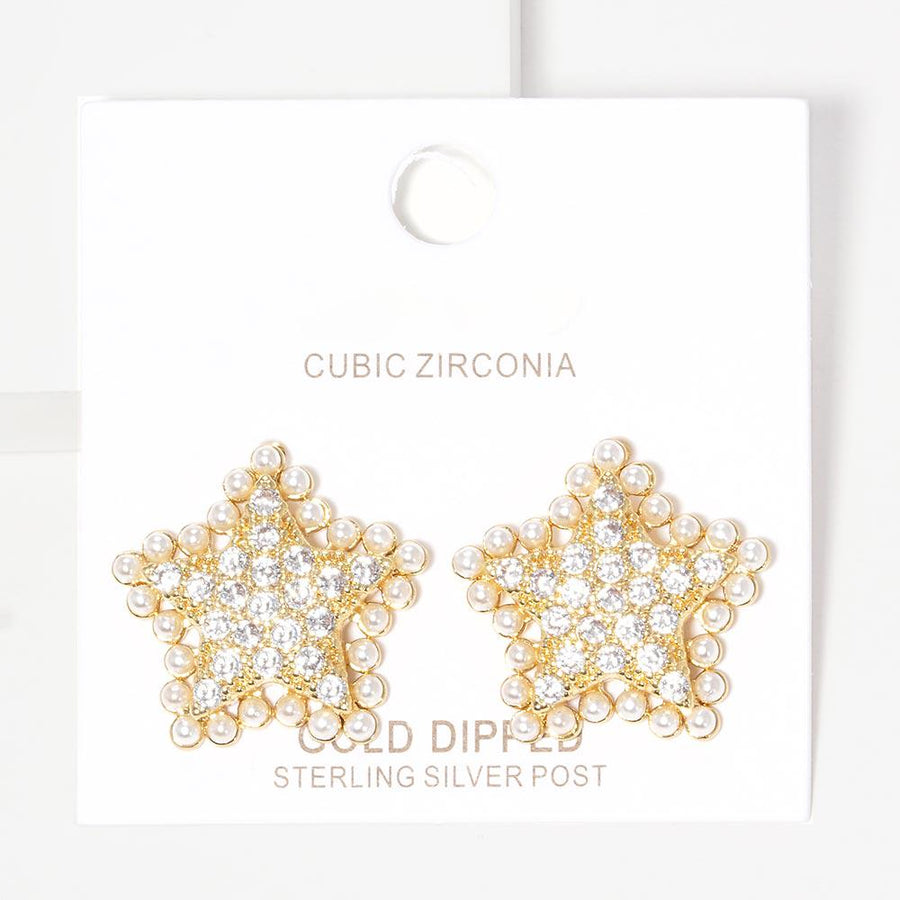 Gold Dipped Star Pearl Stud Earrings, CZ Stone Sterling Post Studs, Minimalist Everyday Jewelry