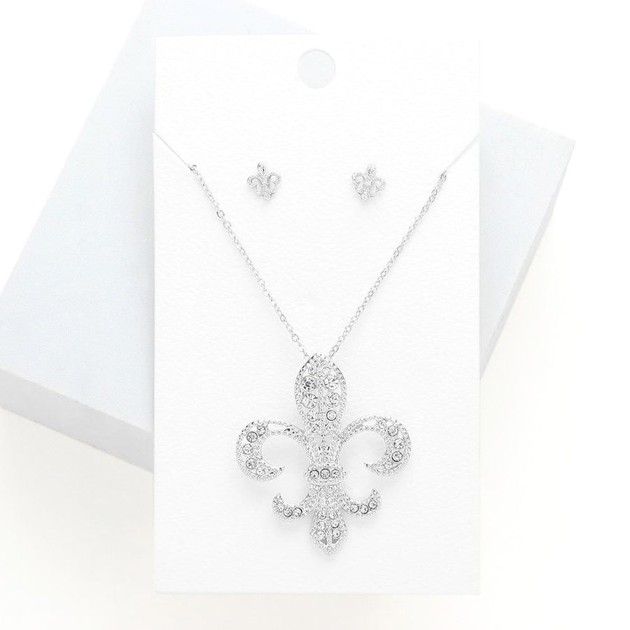 Rhinestone Fleur de Lis Pendant Necklace and Earring Set | Mardi Gras Sparkle Jewelry