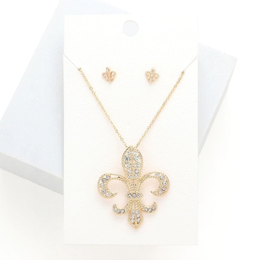 Rhinestone Fleur de Lis Pendant Necklace and Earring Set | Mardi Gras Sparkle Jewelry