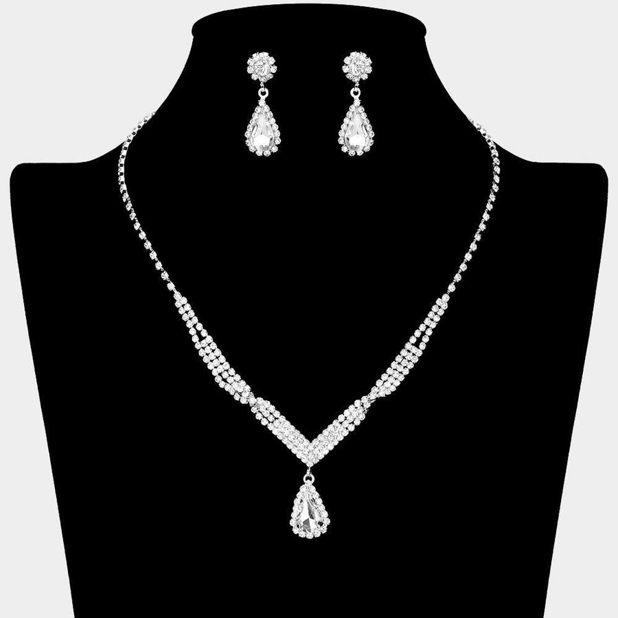 Teardrop Rhinestone Paved Necklace Set– Pointed Stone Pendant, Sparkly Statement Jewelry, Bridal & Party Necklace