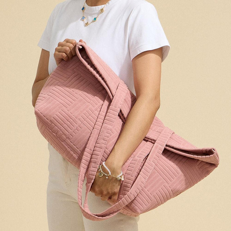 Grid Pattern Terry Tote Bag | Soft Summer Shopper Carry on | Large Beach Shoulder Bag