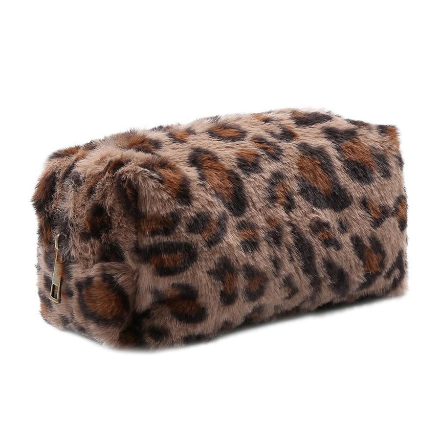 Pattern Faux Fur Pouch | Soft Plush Makeup Cosmetic Pouch | Zipper Clutch Travel Bag