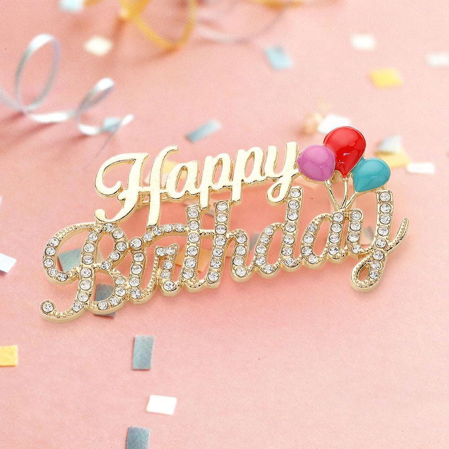 Stone Paved Happy Birthday Brooch | Sparkly Rhinestone Celebration Lapel Pin | Birthday Accessory