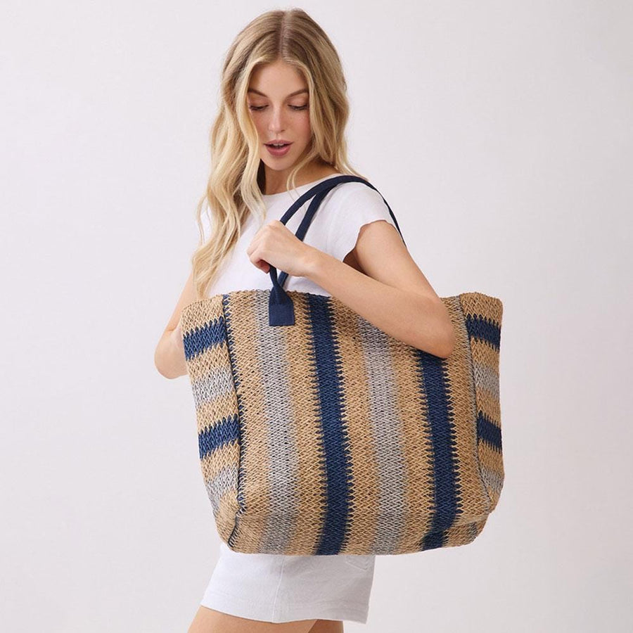 Natural Multi Colour Stripe Straw Shoulder Bag | Woven Summer Beach Tote | Boho Handbag