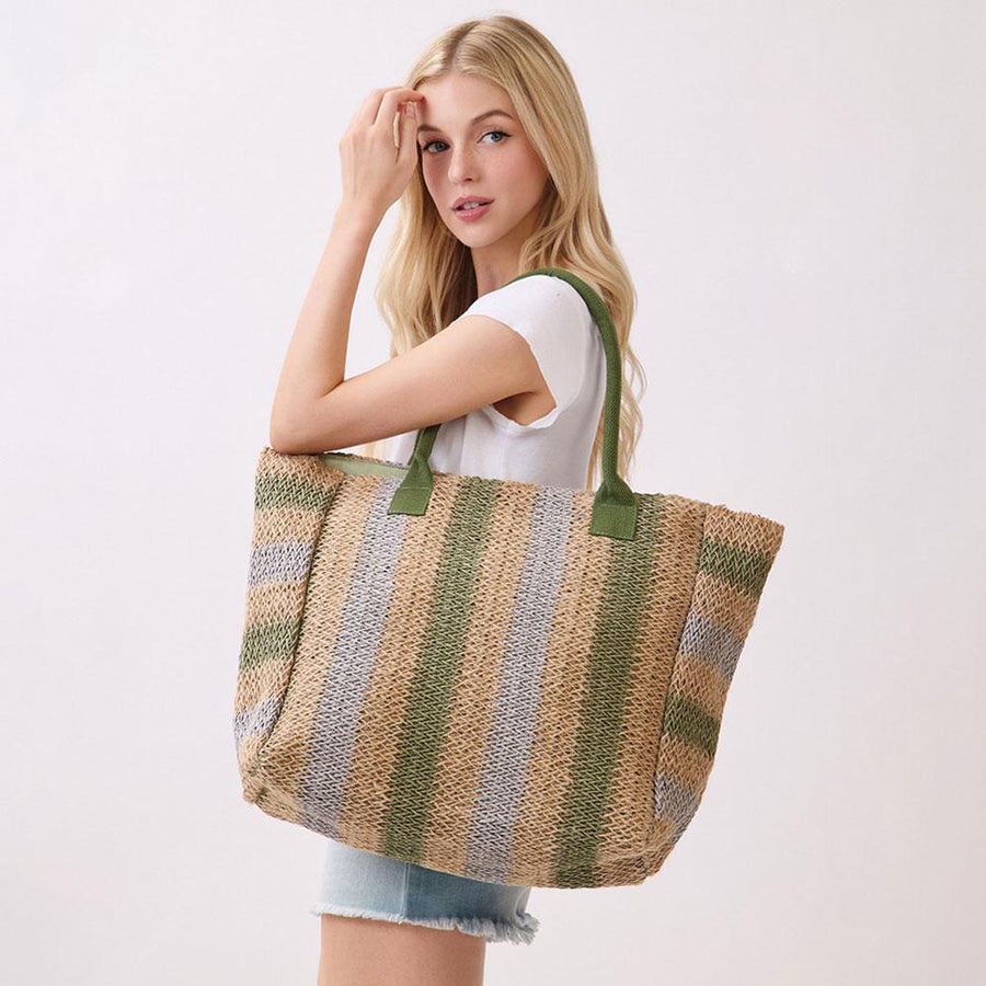 Natural Multi Colour Stripe Straw Shoulder Bag | Woven Summer Beach Tote | Boho Handbag