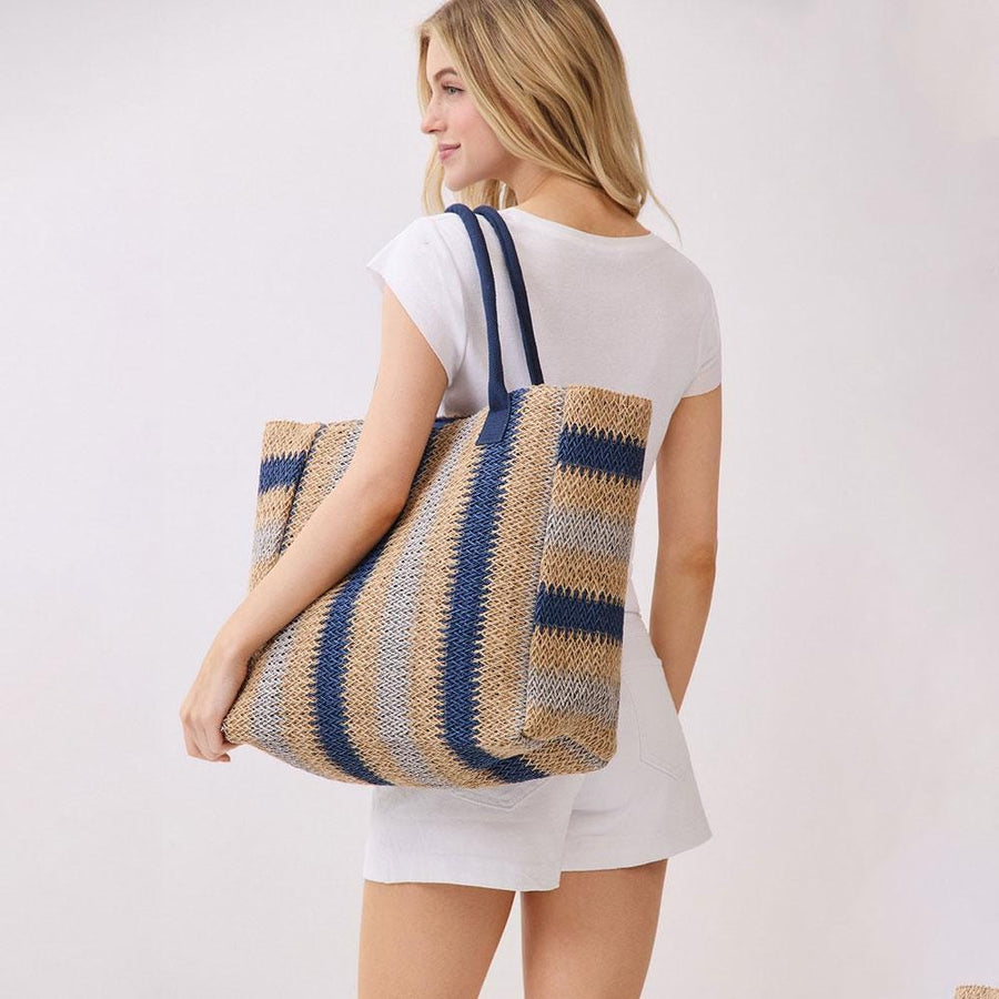 Natural Multi Colour Stripe Straw Shoulder Bag | Woven Summer Beach Tote | Boho Handbag