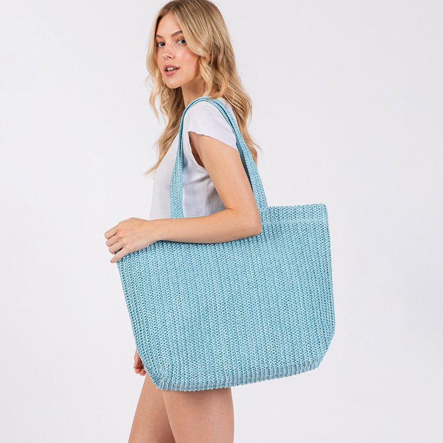 Solid Crochet Straw Tote Bag | Woven Shoulder Beach Bag | Boho Summer Handbag