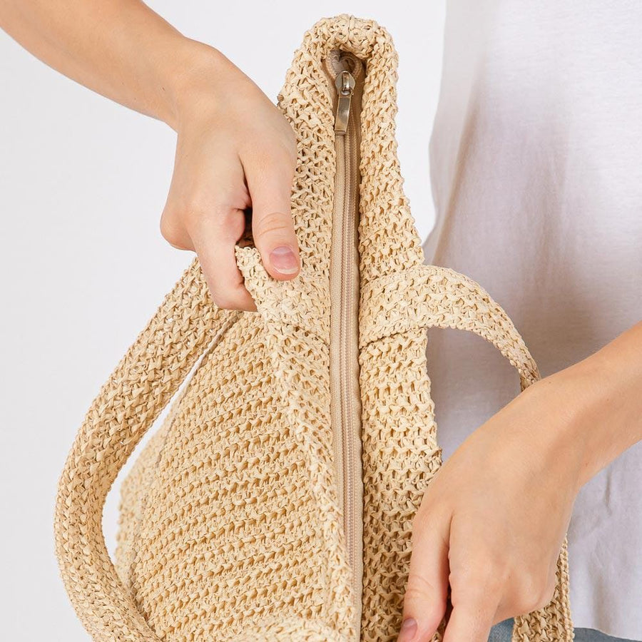 Solid Crochet Straw Tote Bag | Woven Shoulder Beach Bag | Boho Summer Handbag