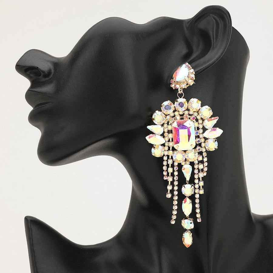 Stone Cluster Chandelier Fringe Drop Earrings – Sparkly Evening Statement Jewelry for Wedding, Prom & Events