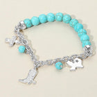 Western Turquoise Beaded Stretch Bracelet with Texas Map, Boot & Cross Charms | Cowgirl Charm Jewelry