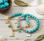 Western Turquoise Beaded Stretch Bracelet with Texas Map, Boot & Cross Charms | Cowgirl Charm Jewelry