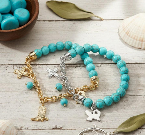 Western Turquoise Beaded Stretch Bracelet with Texas Map, Boot & Cross Charms | Cowgirl Charm Jewelry