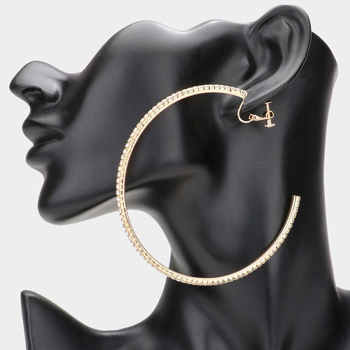 Crystal Rhinestone 3.3 Inch Hoop Clip On Earrings | Large Sparkly Statement Hoops | Party Jewelry