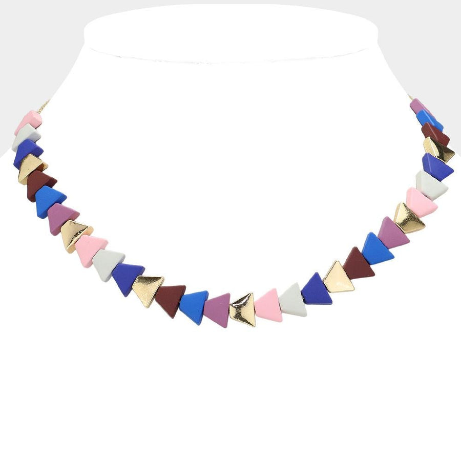 Colorful Triangle Wood Bead Necklace | Boho Geometric Statement Jewelry | Artisan Style Necklace