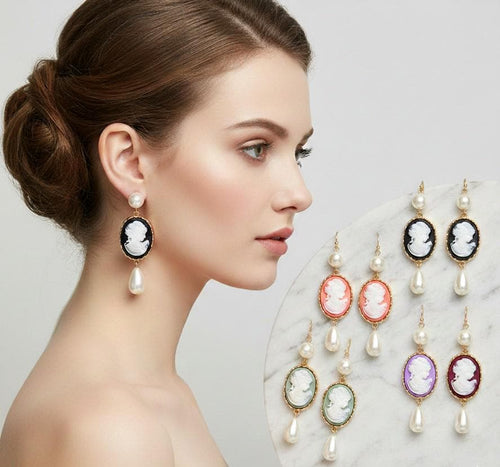 Pearl Pointed Cameo Dangle Earrings for Women | Vintage Style Elegant Drop Earrings | Victorian Inspired