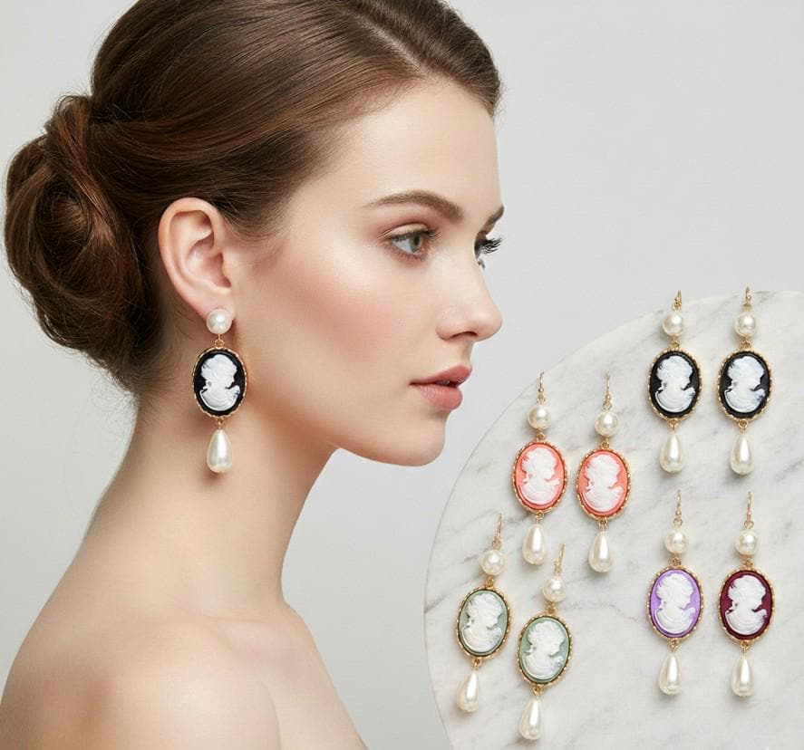 Pearl Pointed Cameo Dangle Earrings for Women | Vintage Style Elegant Drop Earrings | Victorian Inspired