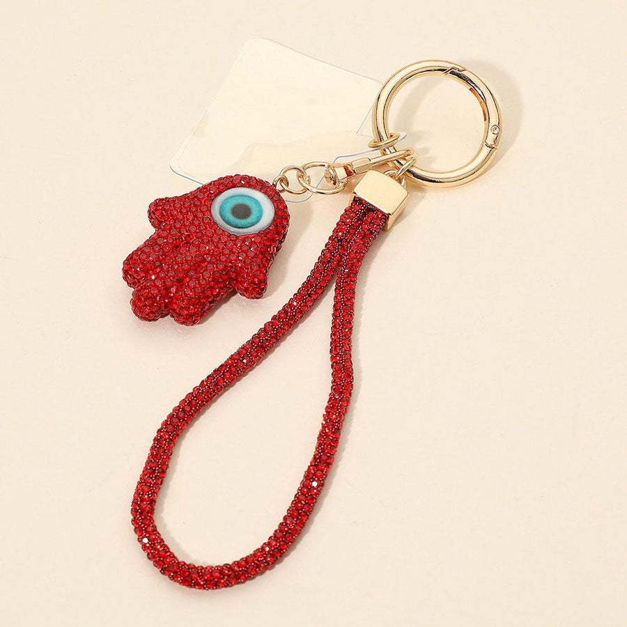 Bling Studded Evil Eye Hamsa Hand Keychain | Rhinestone Charm Bag Accessory | Phone Holder Charm