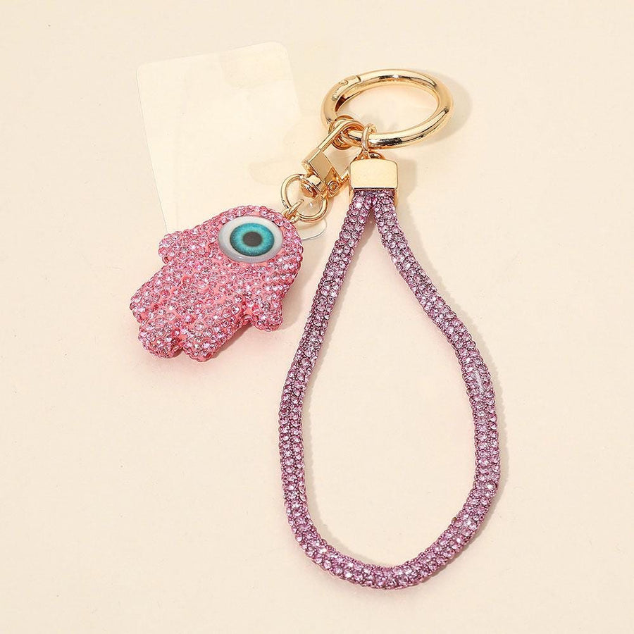 Bling Studded Evil Eye Hamsa Hand Keychain | Rhinestone Charm Bag Accessory | Phone Holder Charm