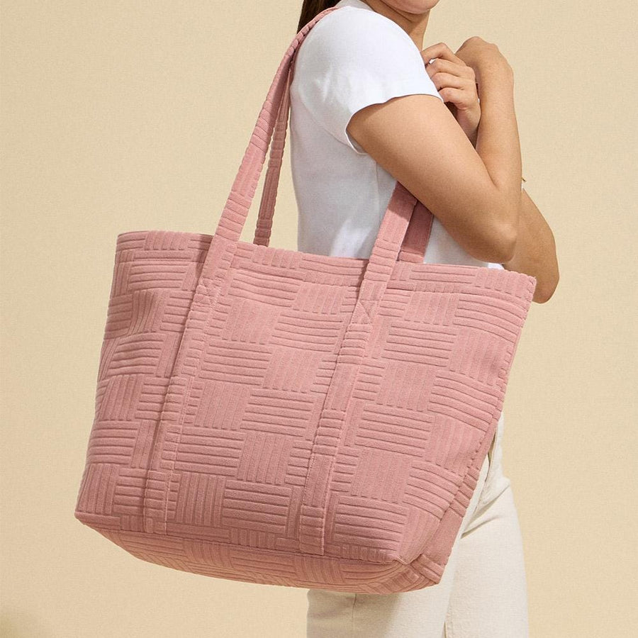 Grid Pattern Terry Tote Bag | Soft Summer Shopper Carry on | Large Beach Shoulder Bag