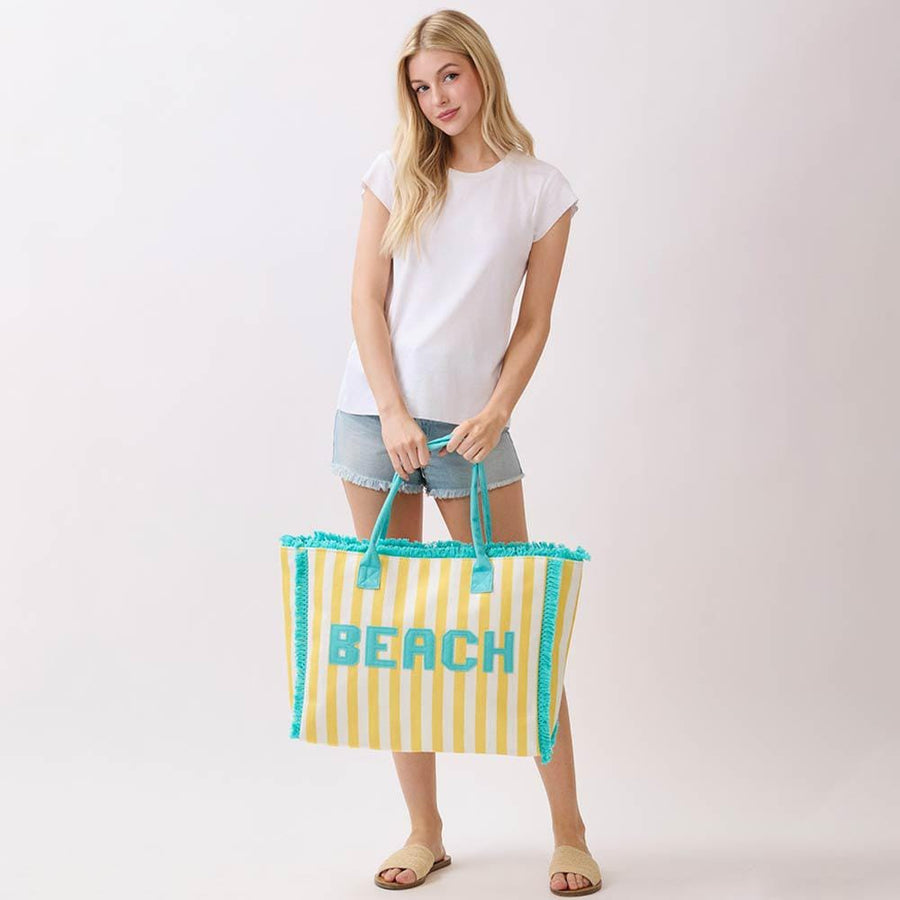 Striped Terry Tote Bag | Soft Summer Embroidery Shopper Carry on | Beach Shoulder Bag
