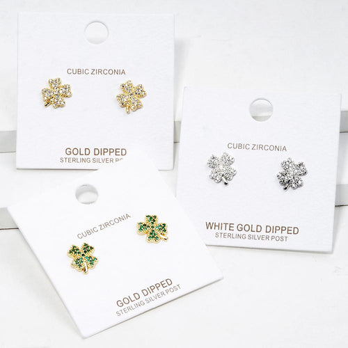 Gold Dipped CZ Paved Clover Stud Earrings | Lucky Clover Minimalist Jewelry - Pack of 3