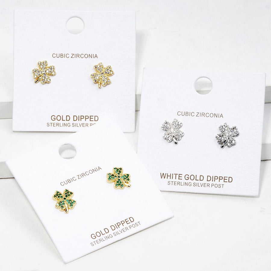 Gold Dipped CZ Paved Clover Stud Earrings | Lucky Clover Minimalist Jewelry - Pack of 3
