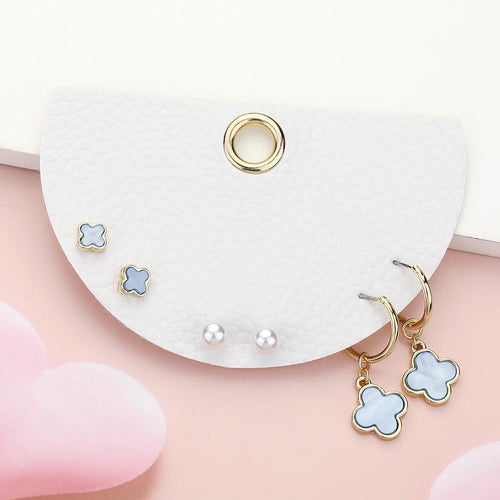 3 Pairs Quatrefoil Clover Pearl Stud & Dangle Earring Set | Dainty Everyday Jewelry Set