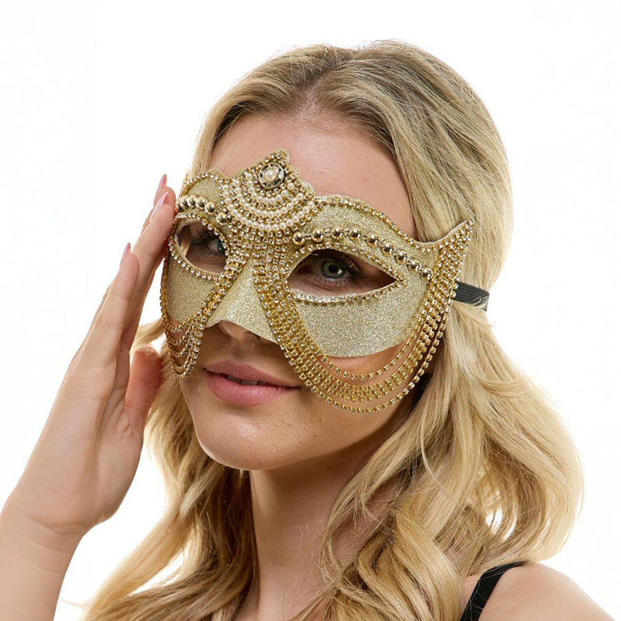 Glittered Masquerade Mask with Layered Chain Accent | Venetian Style Costume Party Mask
