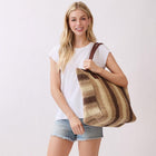 Natural Multi Colour Stripe Straw Shoulder Bag | Woven Summer Beach Tote | Boho Handbag