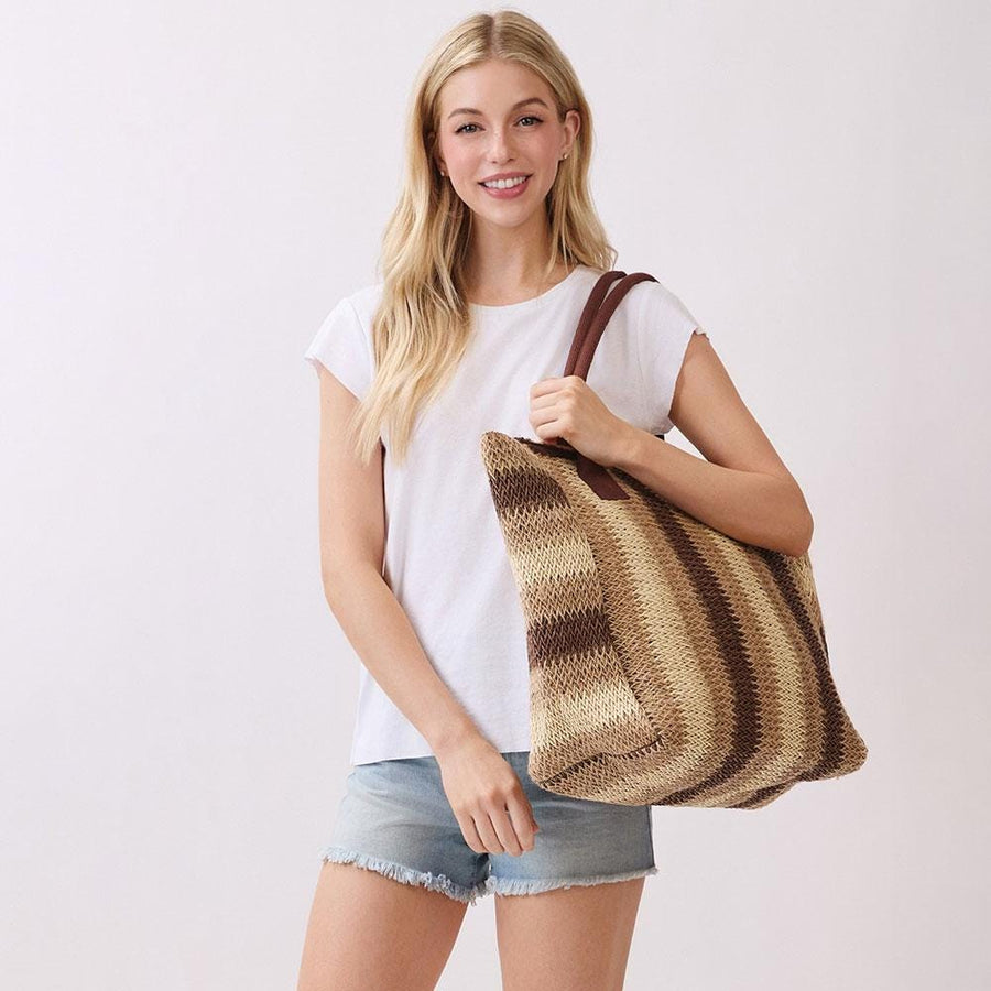 Natural Multi Colour Stripe Straw Shoulder Bag | Woven Summer Beach Tote | Boho Handbag