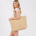 Solid Crochet Straw Tote Bag | Woven Shoulder Beach Bag | Boho Summer Handbag