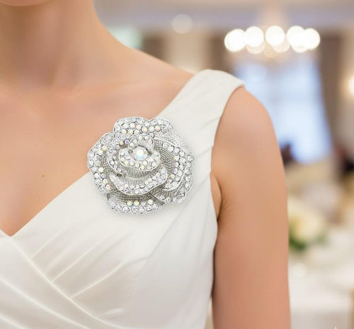 Crystal Rhinestone Rose Brooch, Stylish Floral Lapel Pin, Wedding Bridal Flower Brooch Gift