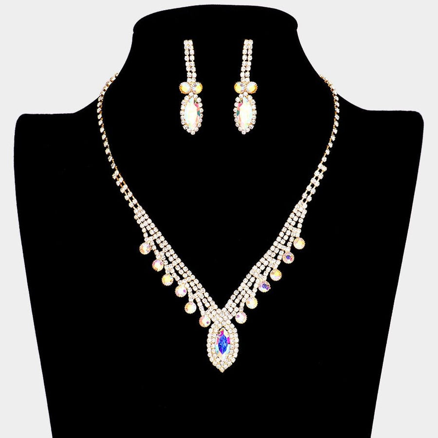 Round & Marquise Rhinestone Statement Necklace | Crystal Evening Jewelry | Bridal Wedding Party Prom Glam Necklace