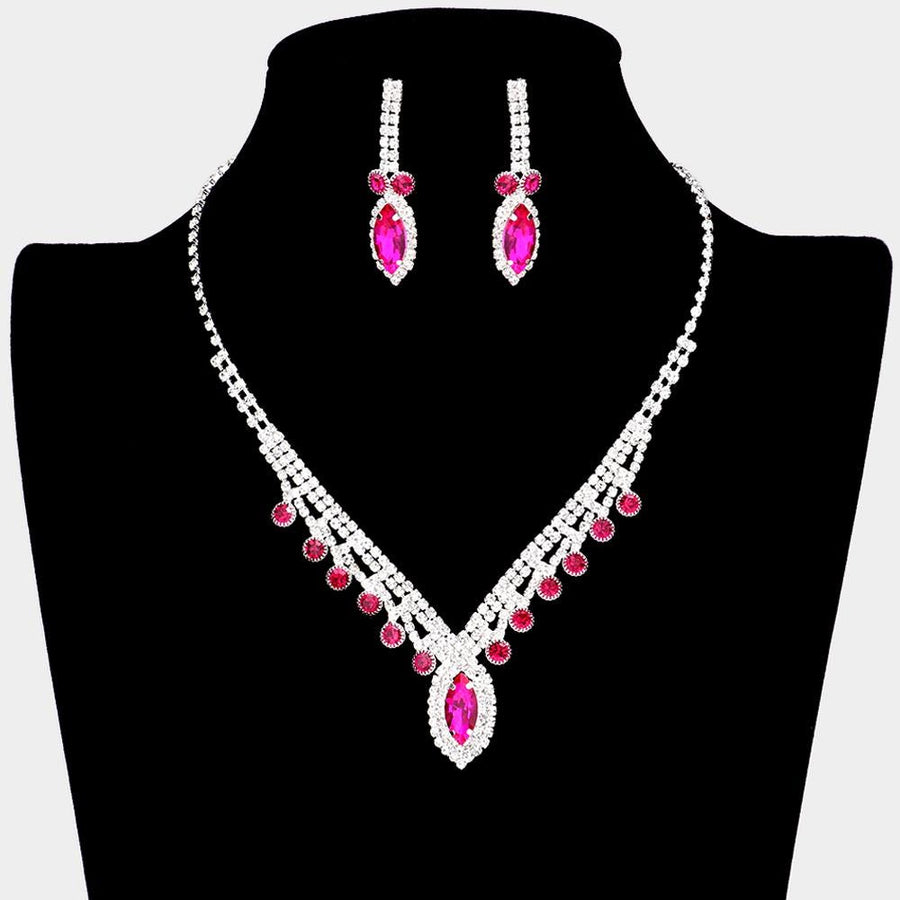 Round & Marquise Rhinestone Statement Necklace | Crystal Evening Jewelry | Bridal Wedding Party Prom Glam Necklace
