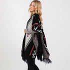 Fuzzy Aztec Pattern Tassel Knit Ruana Poncho, Boho Shawl Wrap, Oversized Winter Cape
