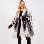 Fuzzy Aztec Pattern Tassel Knit Ruana Poncho, Boho Shawl Wrap, Oversized Winter Cape