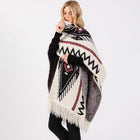Fuzzy Aztec Pattern Tassel Knit Ruana Poncho, Boho Shawl Wrap, Oversized Winter Cape