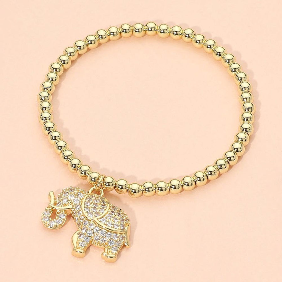 Lucky Elephant Charm Stretch Bracelet | CZ Paved Beaded Stainless Steel Stackable Jewelry