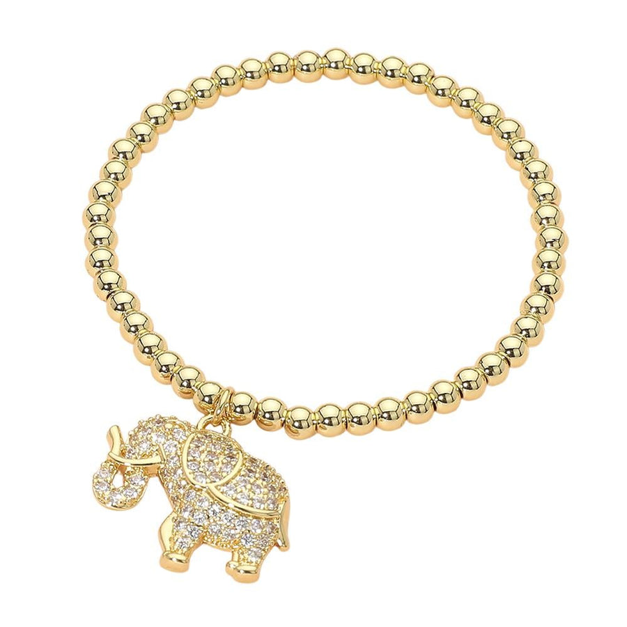 Lucky Elephant Charm Stretch Bracelet | CZ Paved Beaded Stainless Steel Stackable Jewelry