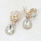 Flower Crystal Teardrop Dangle Clip On Earrings | Elegant Non Pierced Bridal Statement Drop Jewelry