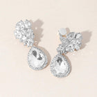 Flower Crystal Teardrop Dangle Clip On Earrings | Elegant Non Pierced Bridal Statement Drop Jewelry