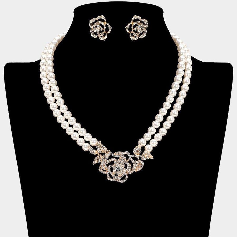 Rose Pearl Necklace, Double Layered, Rhinestone Pendant, Bridal Jewelry