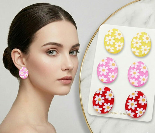 3 Pairs Flower Patterned Glitter Easter Egg Stud Earrings – Spring Jewelry & Easter Basket Gift