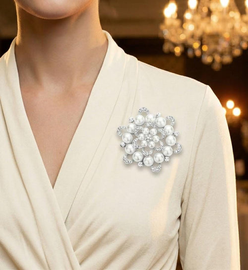 Round Crystal Pearl Flower Pin Brooch – Elegant Bridal & Wedding Lapel Pin Accessory