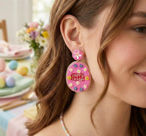 Happy Easter Beaded Egg Dangle Earrings - Statement Jewelry, Festive Easter Basket Gift for Women