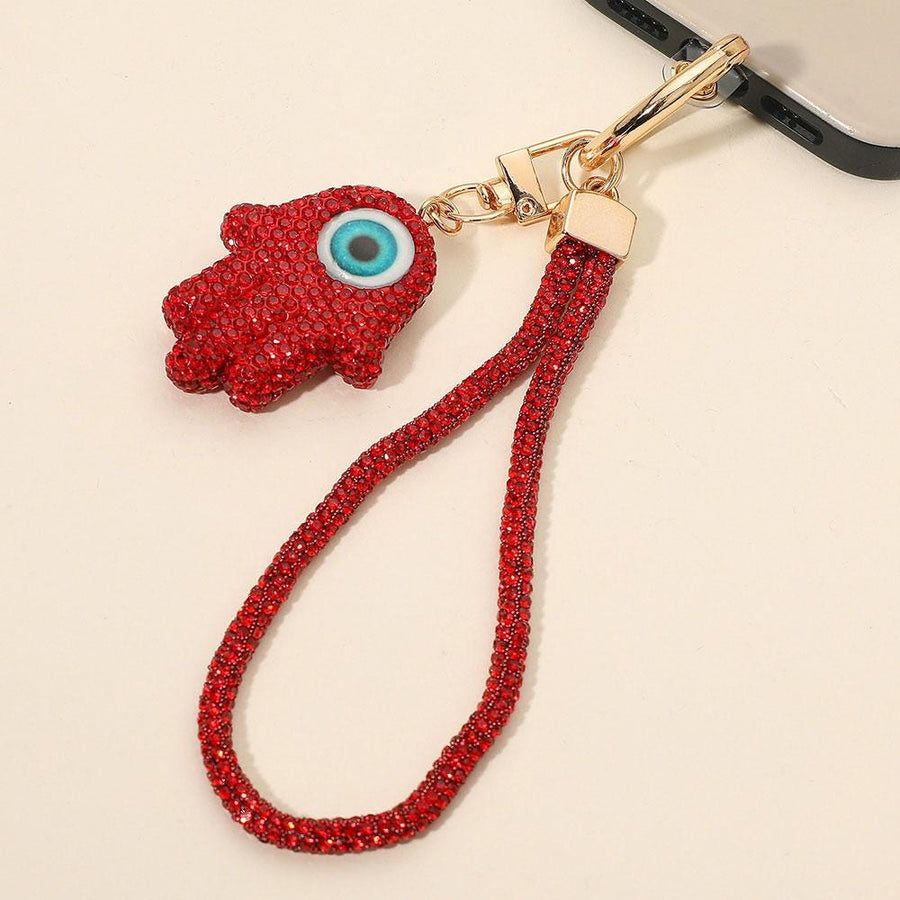 Bling Studded Evil Eye Hamsa Hand Keychain | Rhinestone Charm Bag Accessory | Phone Holder Charm