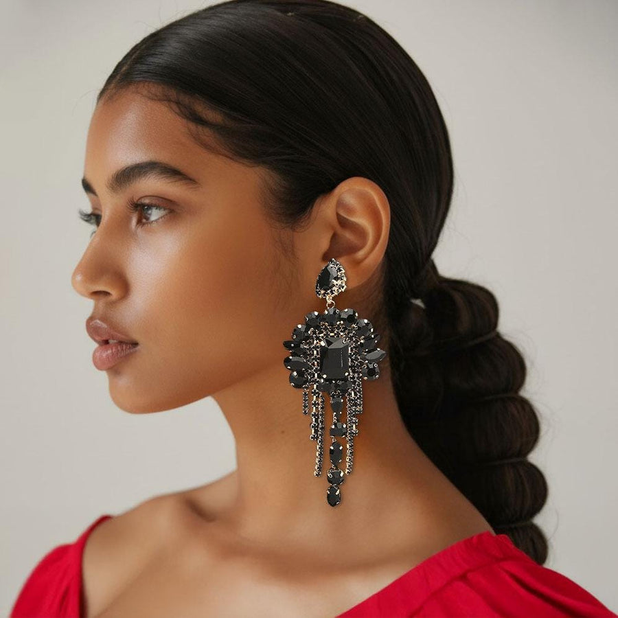 Stone Cluster Chandelier Fringe Drop Earrings – Sparkly Evening Statement Jewelry for Wedding, Prom & Events