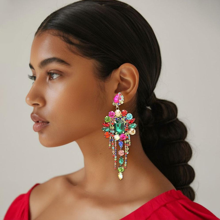 Stone Cluster Chandelier Fringe Drop Earrings – Sparkly Evening Statement Jewelry for Wedding, Prom & Events