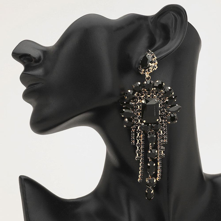 Stone Cluster Chandelier Fringe Drop Earrings – Sparkly Evening Statement Jewelry for Wedding, Prom & Events