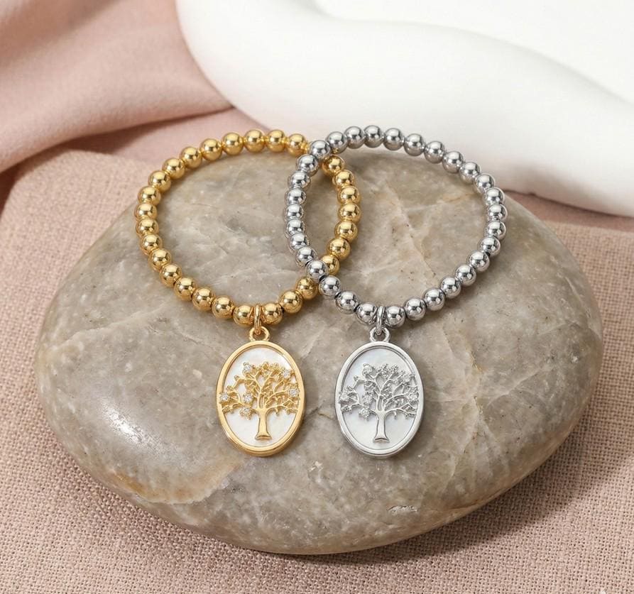 Stainless Steel Tree of Life Embossed Mother of Pearl Oval Charm Beaded Stretch Bracelet